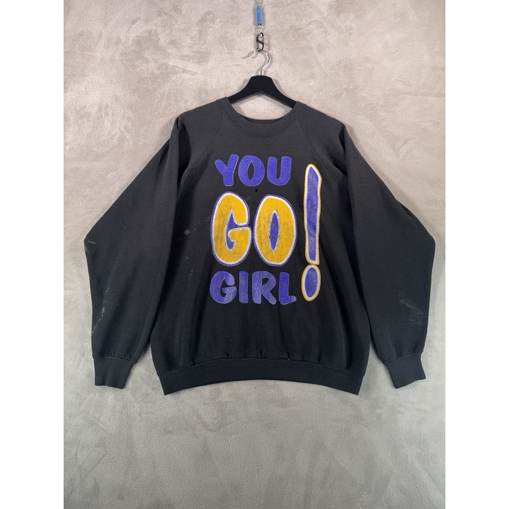 Vintage you go girl! Crewneck Mens Size XL Black Wash Graphic 90s USA Retro‎